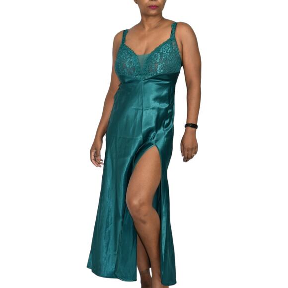 Vintage Victorias Secret Nightgown Green Satin Maxi Slip High Slit Gold Label XS - Picture 15 of 16